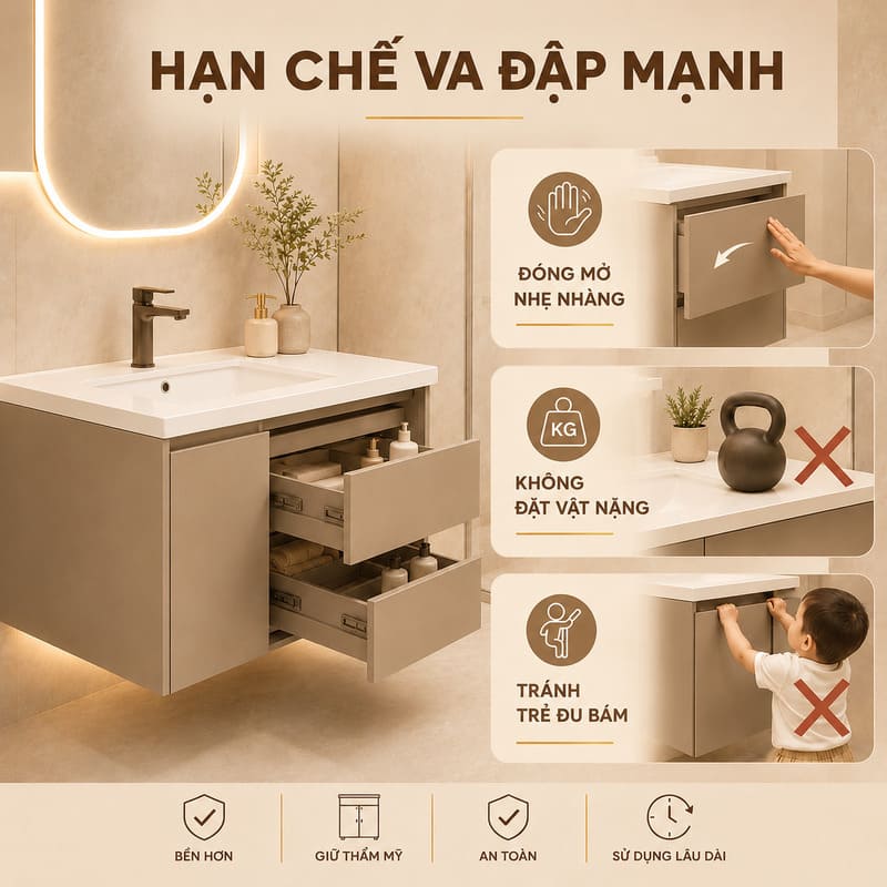 Hạn chế va đập mạnh vào cánh tủ và mặt tủ