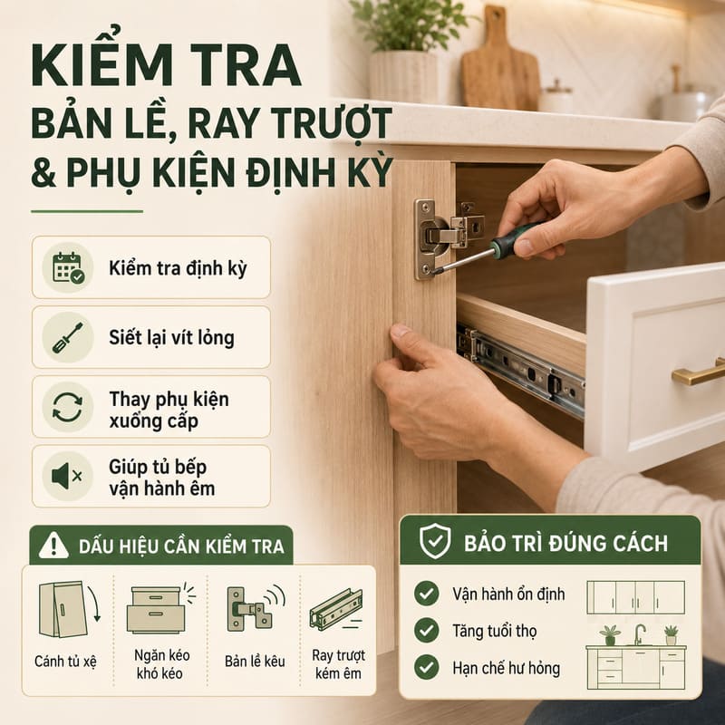 Kiểm tra bản lề, ray trượt và phụ kiện định kỳ