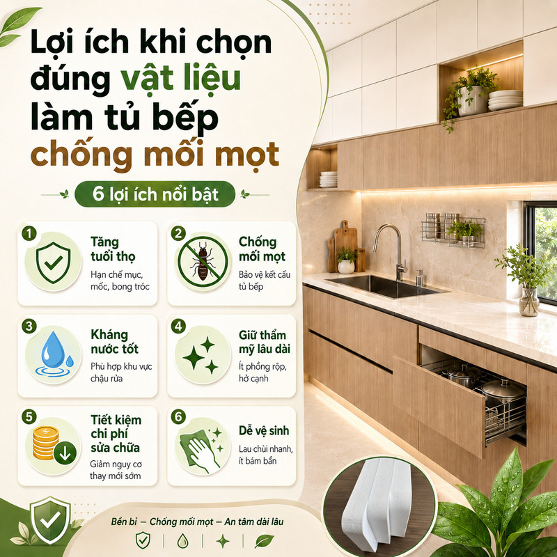 Lợi ích khi chọn đúng vật liệu làm tủ bếp chống mối mọt