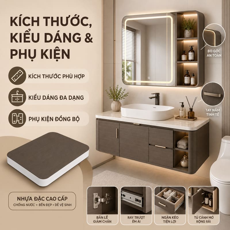 Kích thước, kiểu dáng và phụ kiện đi kèm tủ lavabo