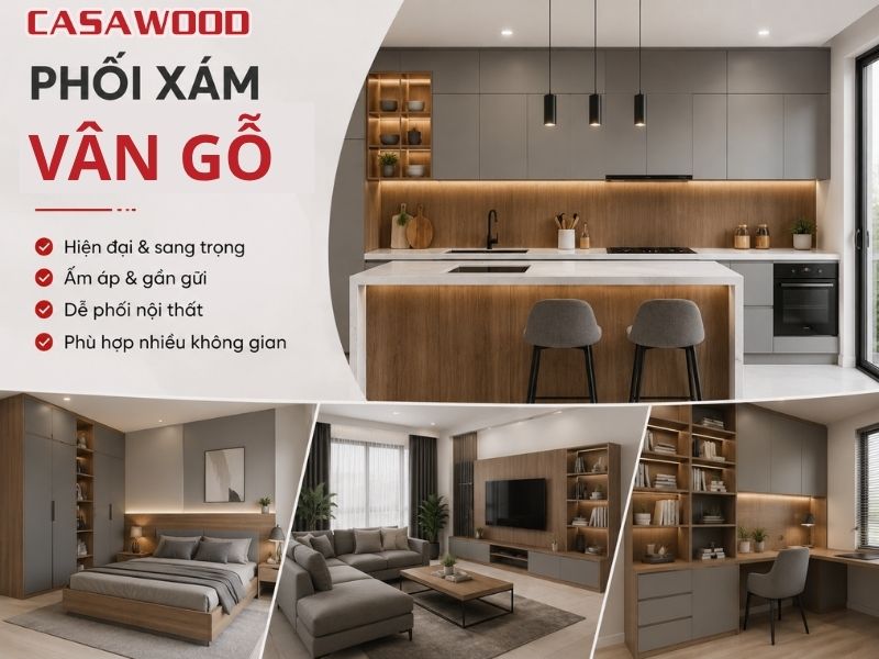 Kết hợp màu xám với các yếu tố vân gỗ tự nhiên