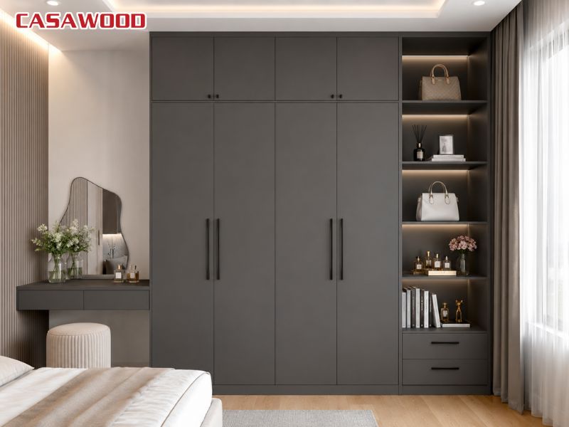 Tủ quần áo nhựa cao cấp liền kệ trang trí màu xám đậm pha than trì