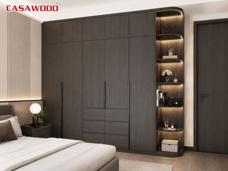 Tủ quần áo nhựa cao cấp liền kệ trang trí màu nâu đậm vân gỗ