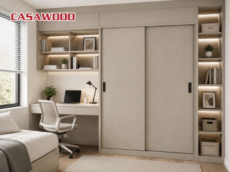 Tủ quần áo nhựa kết hợp bàn làm việc hiện đại màu xám be