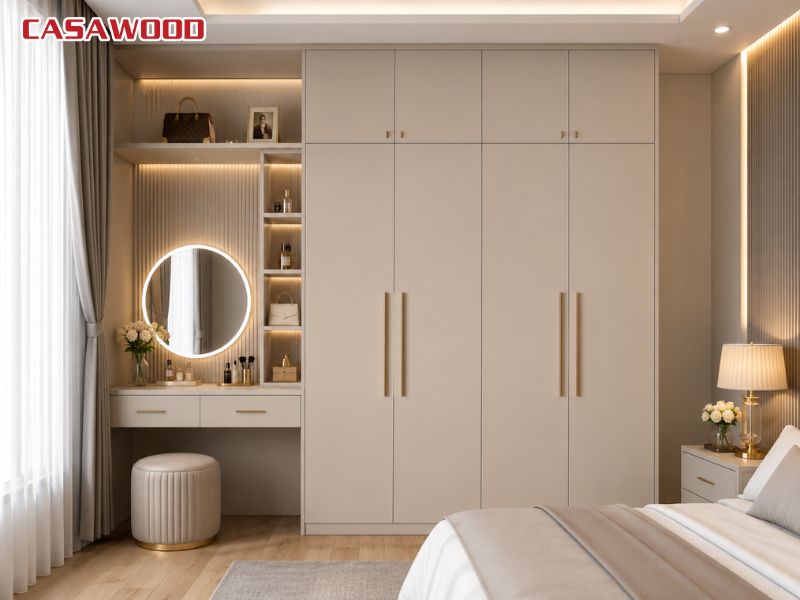 Tấm nhựa casawood màu be ấm làm hệ tủ quần áo nhựa kết hợp bàn trang điểm sang trọng