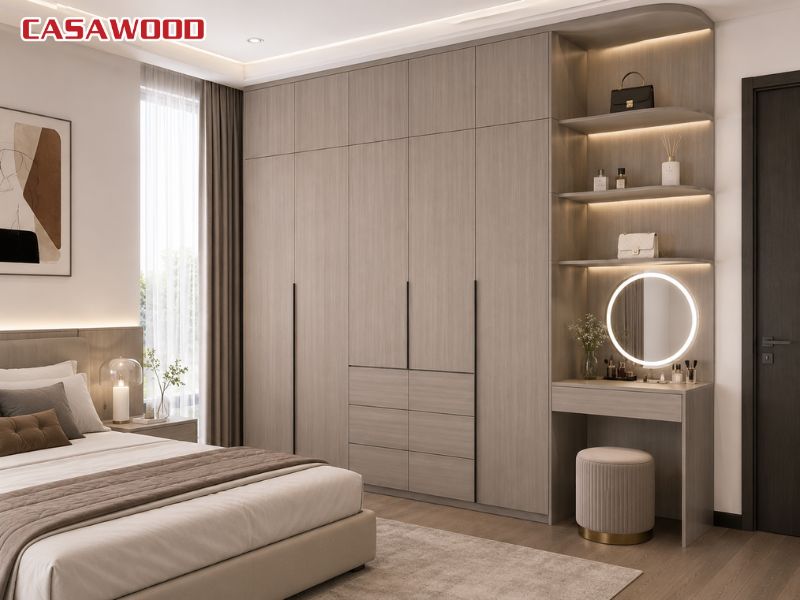 Hệ tủ quần áo nhựa kết hợp bàn trang điểm bằng tấm nội thất màu xám đậm pha than trì