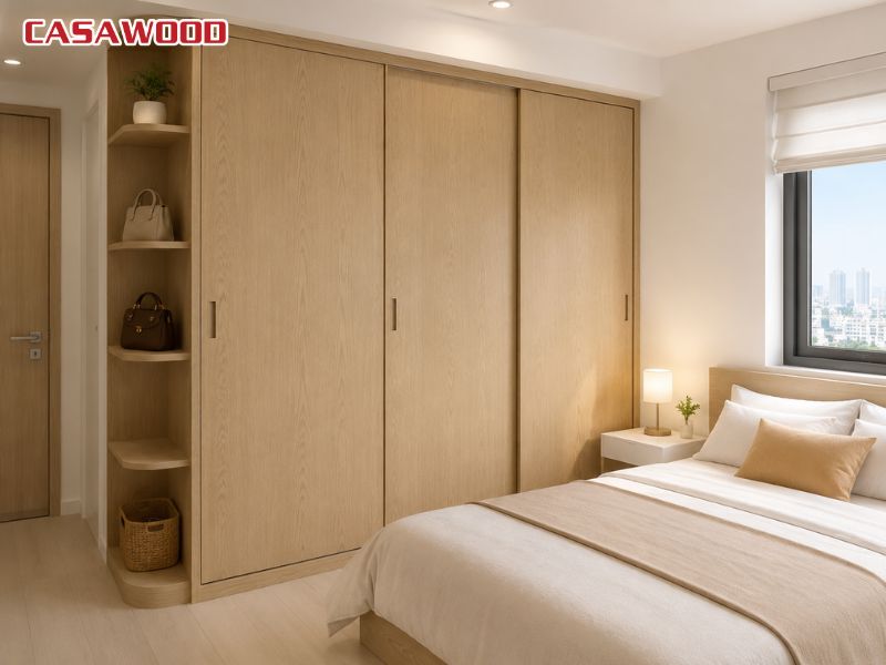 Tủ quần áo nhựa cánh lùa cho phòng ngủ diện tích nhỏ màu vàng gỗ sồi sáng