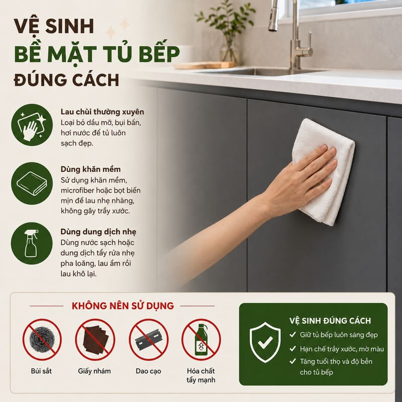 Vệ sinh bề mặt tủ bếp đúng cách